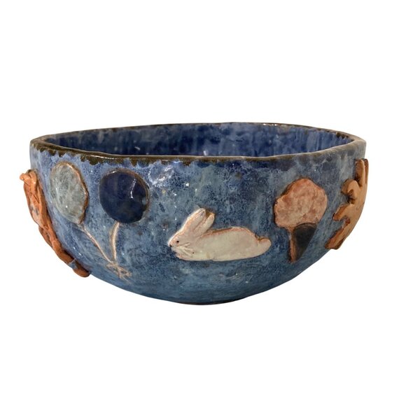 Whimsical Naive Blue Pottery Bowl Faces Mouse Rabbit Tree Balloons Sun And Moon - Picture 4 of 10